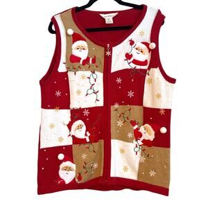 Sophia Jayne Red, Gold, and White Patch Stitch Santa Novelty Print Zip Up Vest